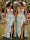 ChicSew Elegant Spaghetti Straps Mermaid Soft Satin Side Slit Floor-Length Bridesmaid Dresses With Lace Applique