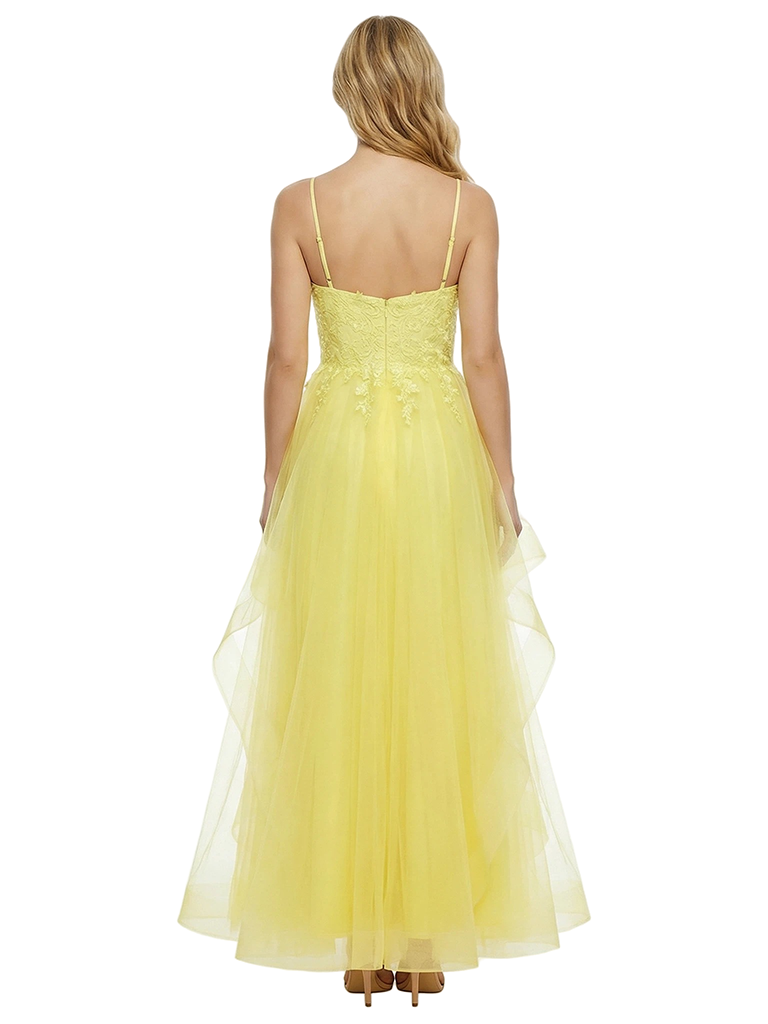 ChicSew Elegent Ruffle Lace Spaghetti Straps Tulle Ball Gown Party Prom Dresses With Applique