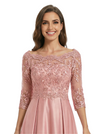 Chicsew Mother of The Groom Dress Off Shoulder 3/4 Sleeve Lace Satin Midi Gown Classy Pleated