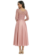 Chicsew Mother of The Groom Dress Off Shoulder 3/4 Sleeve Lace Satin Midi Gown Classy Pleated