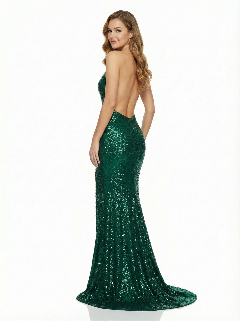 Sexy Strapless Mermaid Floor Length Sweetheart Sequin Party Prom Dresses Side Slit