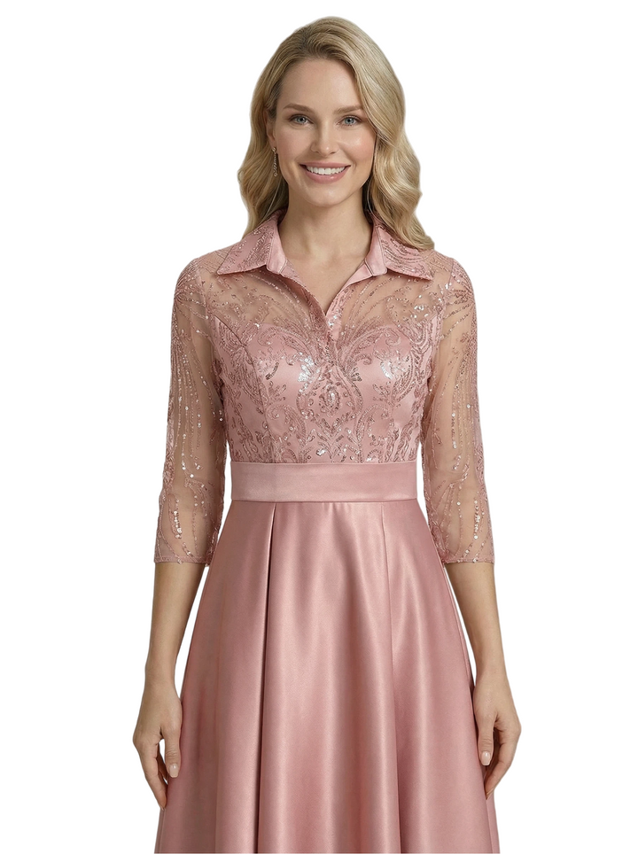 Chic 3/4 Sleeves Mother Of The Bride Dress Maxi A-Line Satin Gown with Lace