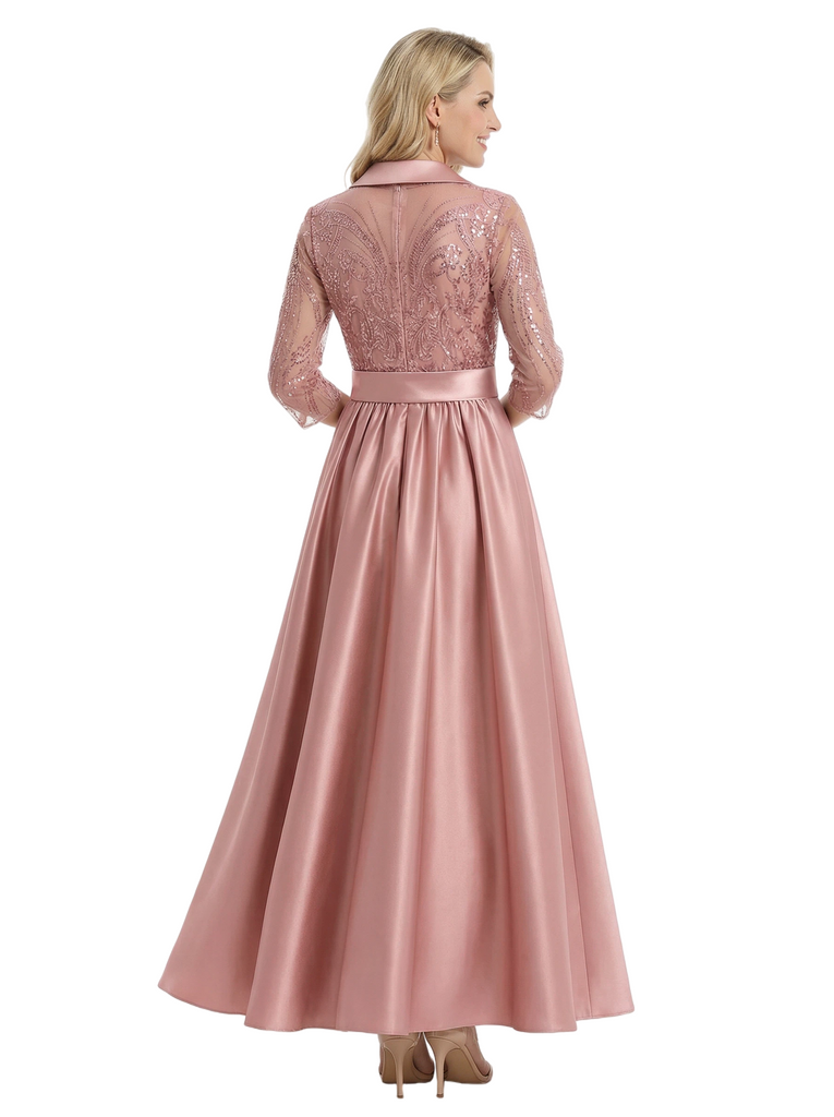 Chic 3/4 Sleeves Mother Of The Bride Dress Maxi A-Line Satin Gown with Lace