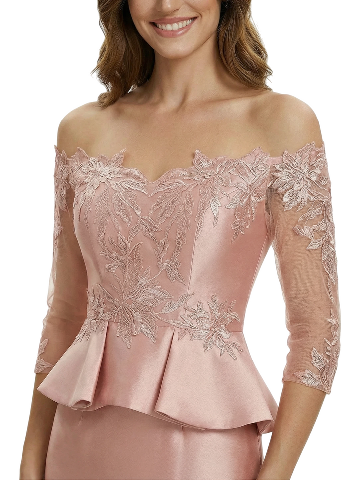 Chic Off Shoulder 3/4 Sleeves Mother Of The Bride Dress Maxi Mermaid Satin Gown with Lace Applique