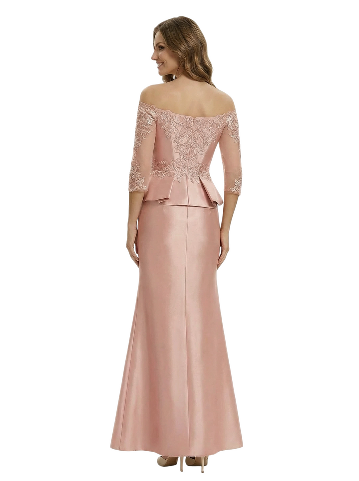 Chic Off Shoulder 3/4 Sleeves Mother Of The Bride Dress Maxi Mermaid Satin Gown with Lace Applique