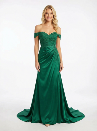 Elegent Lace Floor Length Off Shoulder Mermaid Satin Party Prom Dresses