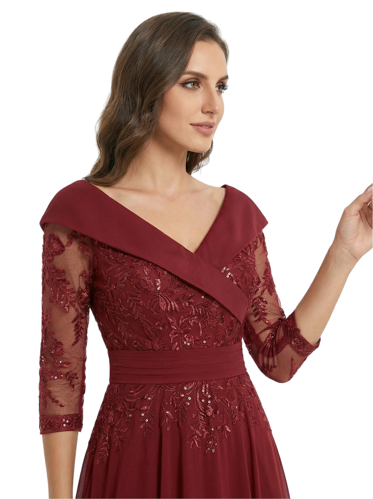 Chicsew Unique V-Neck 3/4 Sleeve Lace Sequin Mother of The Groom Dress Flowy Midi Chiffon Fancy Formal Gown