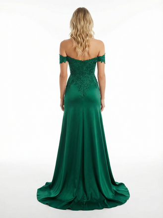 Elegent Lace Floor Length Off Shoulder Mermaid Satin Party Prom Dresses