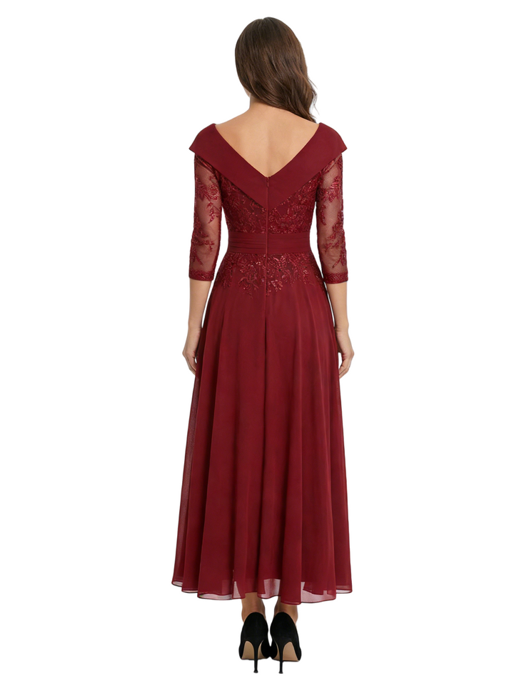 Chicsew Unique V-Neck 3/4 Sleeve Lace Sequin Mother of The Groom Dress Flowy Midi Chiffon Fancy Formal Gown