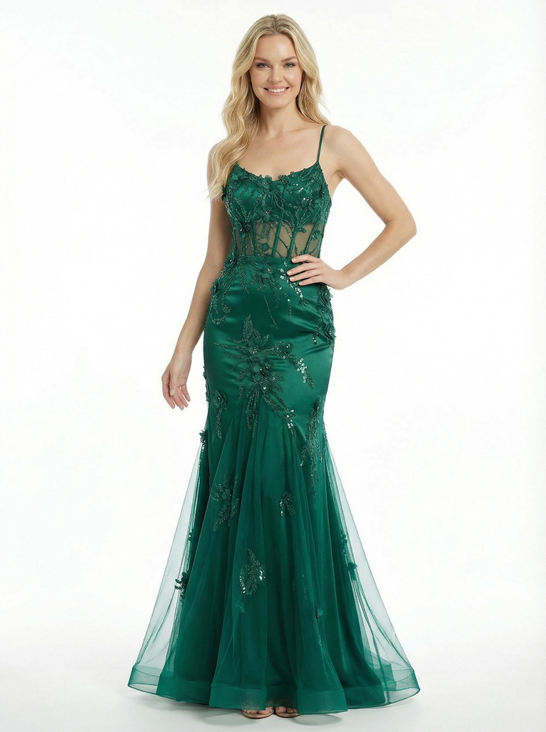 Spaghetti Straps Floor Length Lace Mermaid Party Prom Dresses