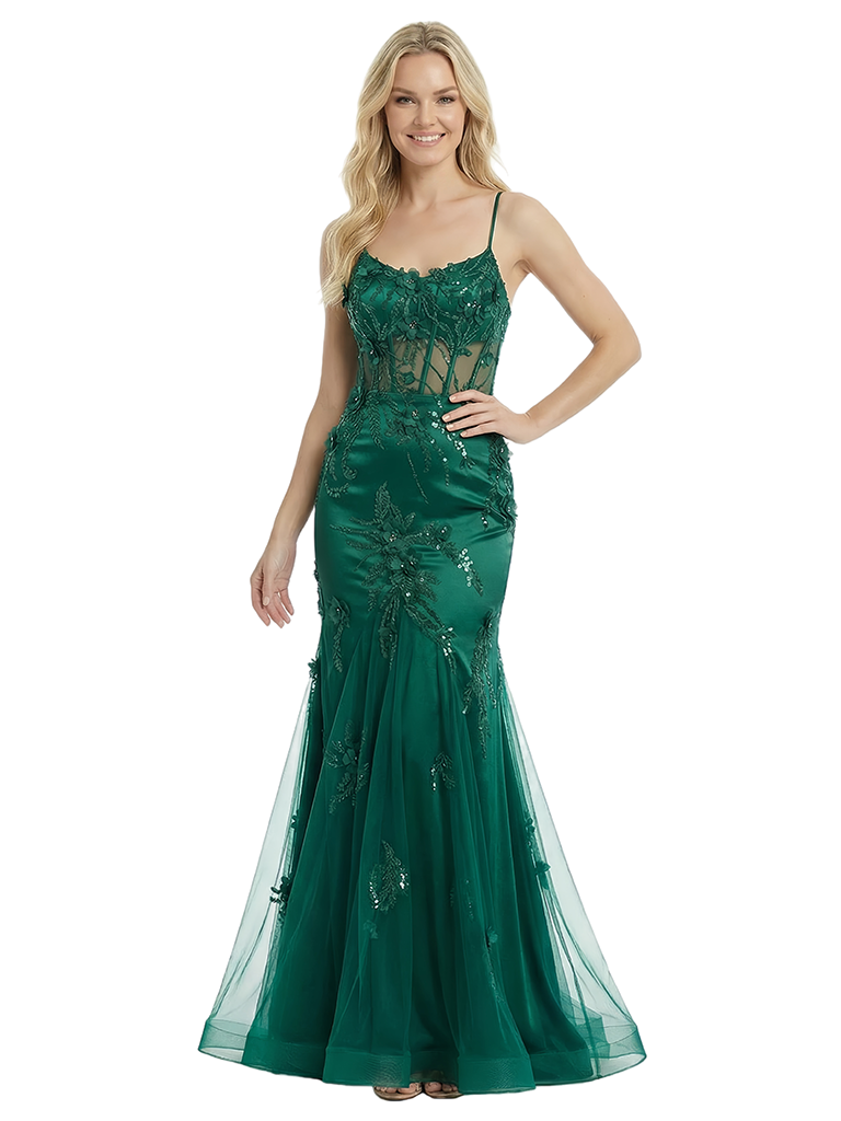 ChicSew Spaghetti Straps Satin Lace Applique Mermaid Boning Maxi Party Prom Dresses