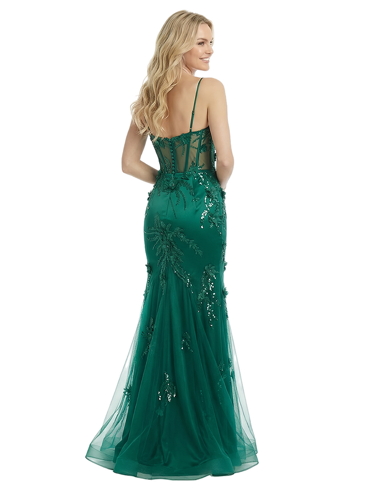 ChicSew Spaghetti Straps Satin Lace Applique Mermaid Boning Maxi Party Prom Dresses