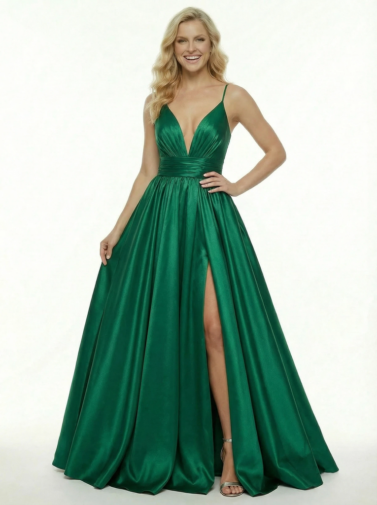 Spaghetti Straps Floor Length V-neck Satin  Party Prom Dresses Side Slit