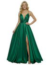 ChicSew Gorgeous Spaghetti Straps V-neck Satin A-Line Ruched Evening Prom Dresses Side Slit