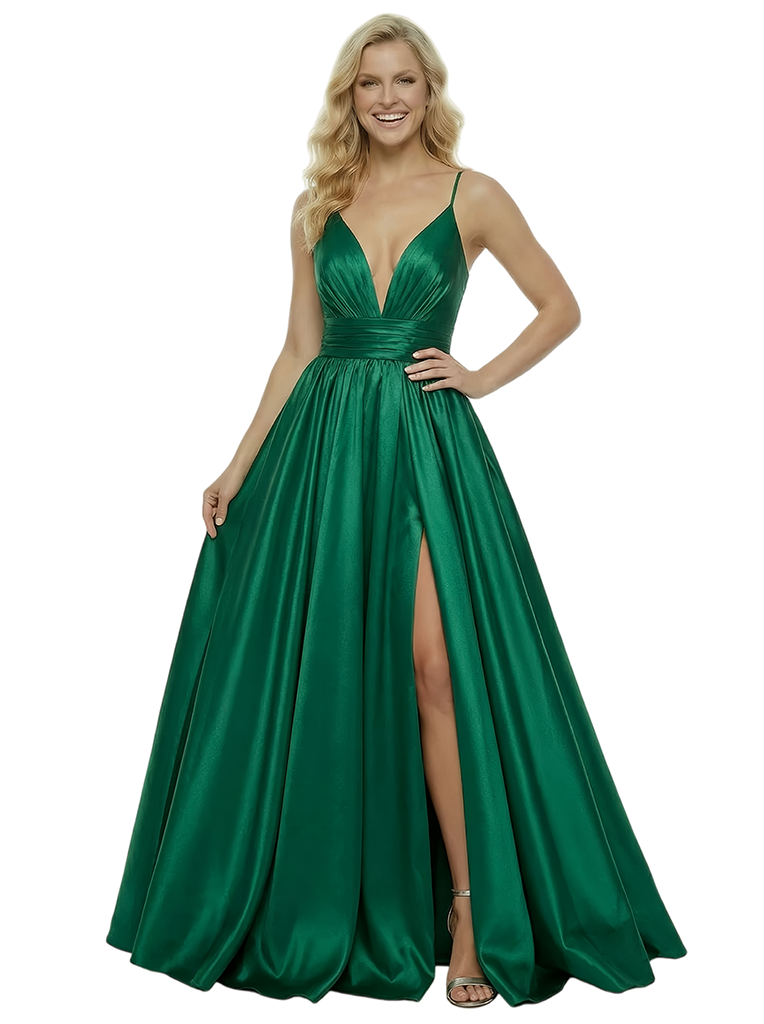 ChicSew Gorgeous Spaghetti Straps V-neck Satin A-Line Ruched Evening Prom Dresses Side Slit