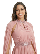 Chicsew Stunning Keyhole Cape Sleeve Sequin Mother of The Bride Dress Long Chiffon Elegant Formal Gown