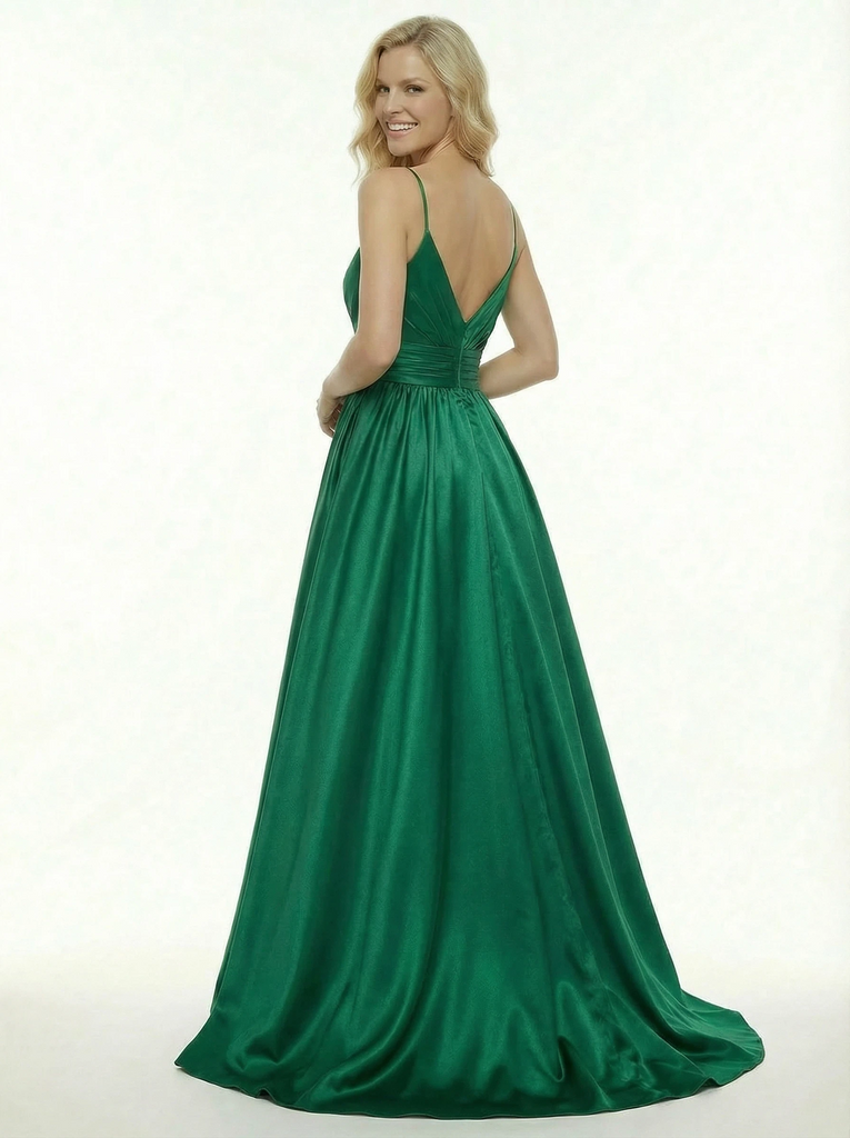 Spaghetti Straps Floor Length V-neck Satin  Party Prom Dresses Side Slit