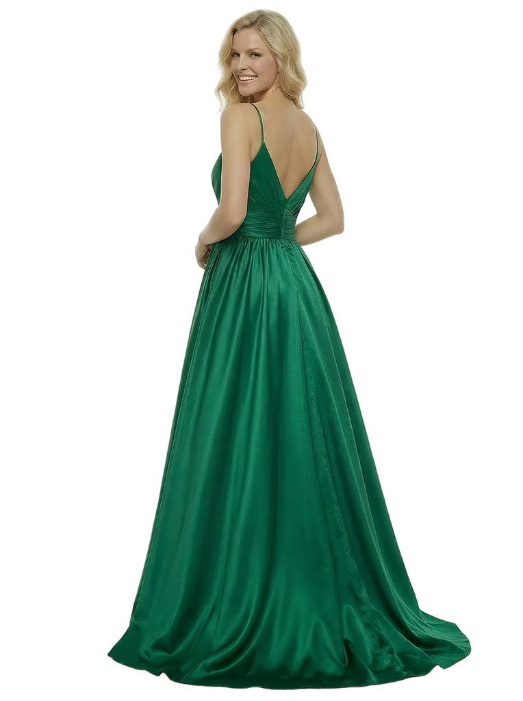 ChicSew Gorgeous Spaghetti Straps V-neck Satin A-Line Ruched Evening Prom Dresses Side Slit