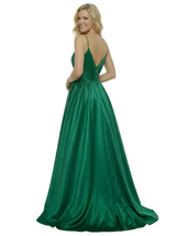 ChicSew Gorgeous Spaghetti Straps V-neck Satin A-Line Ruched Evening Prom Dresses Side Slit