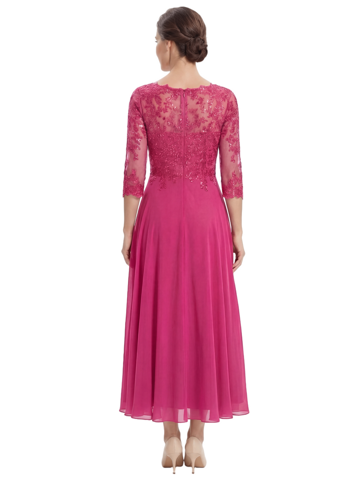 Chicsew Pretty Scoop 3/4 Sleeve Lace Sequin Mother of The Groom Dress Asymmetric Midi Chiffon Gown