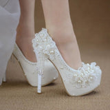 Princess Lace High Heels, Flower Rhinestone Tassel Bridal Wedding Shoes Bridesmaid Shoes