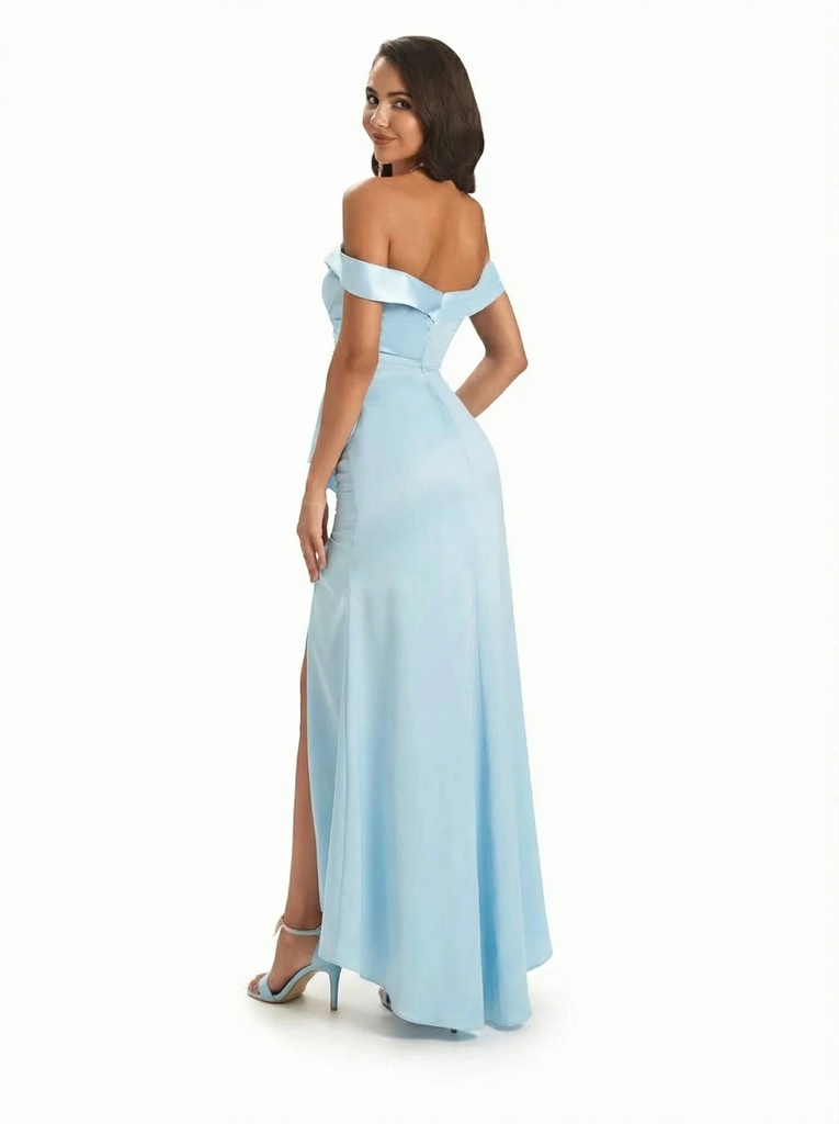 Elegant Off The Shoulder Silky Satin Mermaid Long Evening Dresses For Women Side Slit
