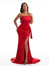 Sexy Strapless Mermaid Side Slit Ruched Soft Satin Long Maid Of Honor Dresses Online