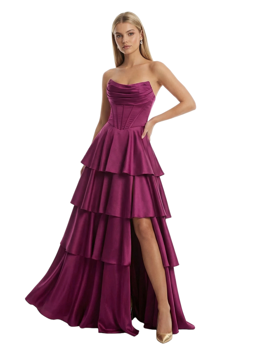 Sexy Strapless Sweetheart Ruched Boning Side Slit A-Line Satin Maxi Prom Dress