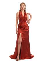 Boho Champagne Satin Silky Halter Bridesmaid Dresses