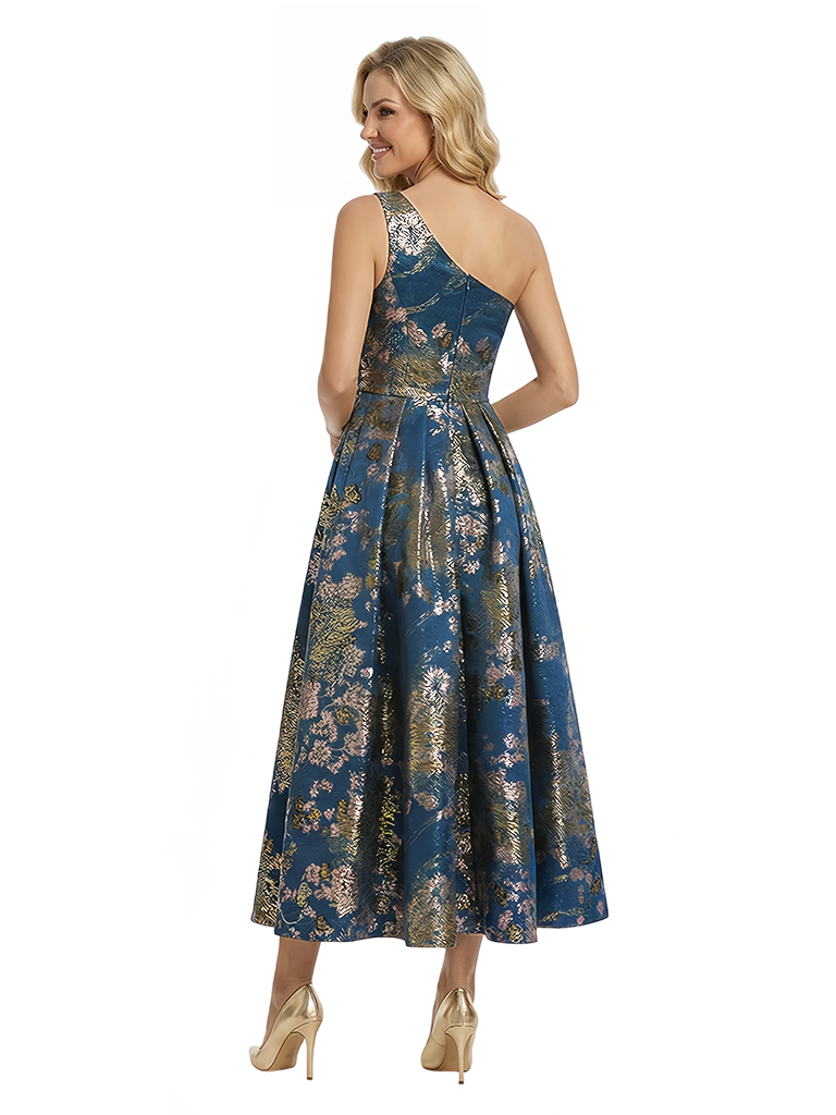 Exquisite Floral One Shoulder A-Line Tea-Lengh Formal Evening Dresses