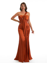 Elegant One Shoulder Mermaid Satin Ruched Unique Long Bridesmaid Dresses