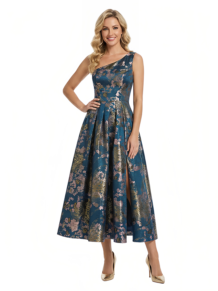 Exquisite Floral One Shoulder A-Line Tea-Lengh Formal Evening Dresses