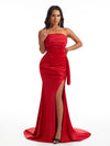Sexy Strapless Mermaid Side Slit Ruched Soft Satin Long Maid Of Honor Dresses Online