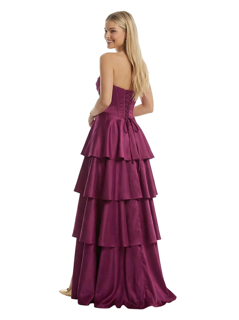 Sexy Strapless Sweetheart Ruched Boning Side Slit A-Line Satin Maxi Prom Dress