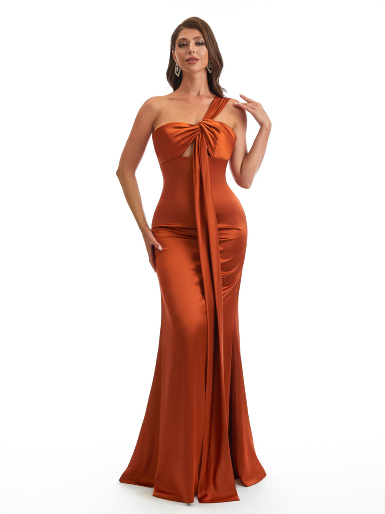 Elegant One Shoulder Mermaid Satin Ruched Unique Long Bridesmaid Dresses