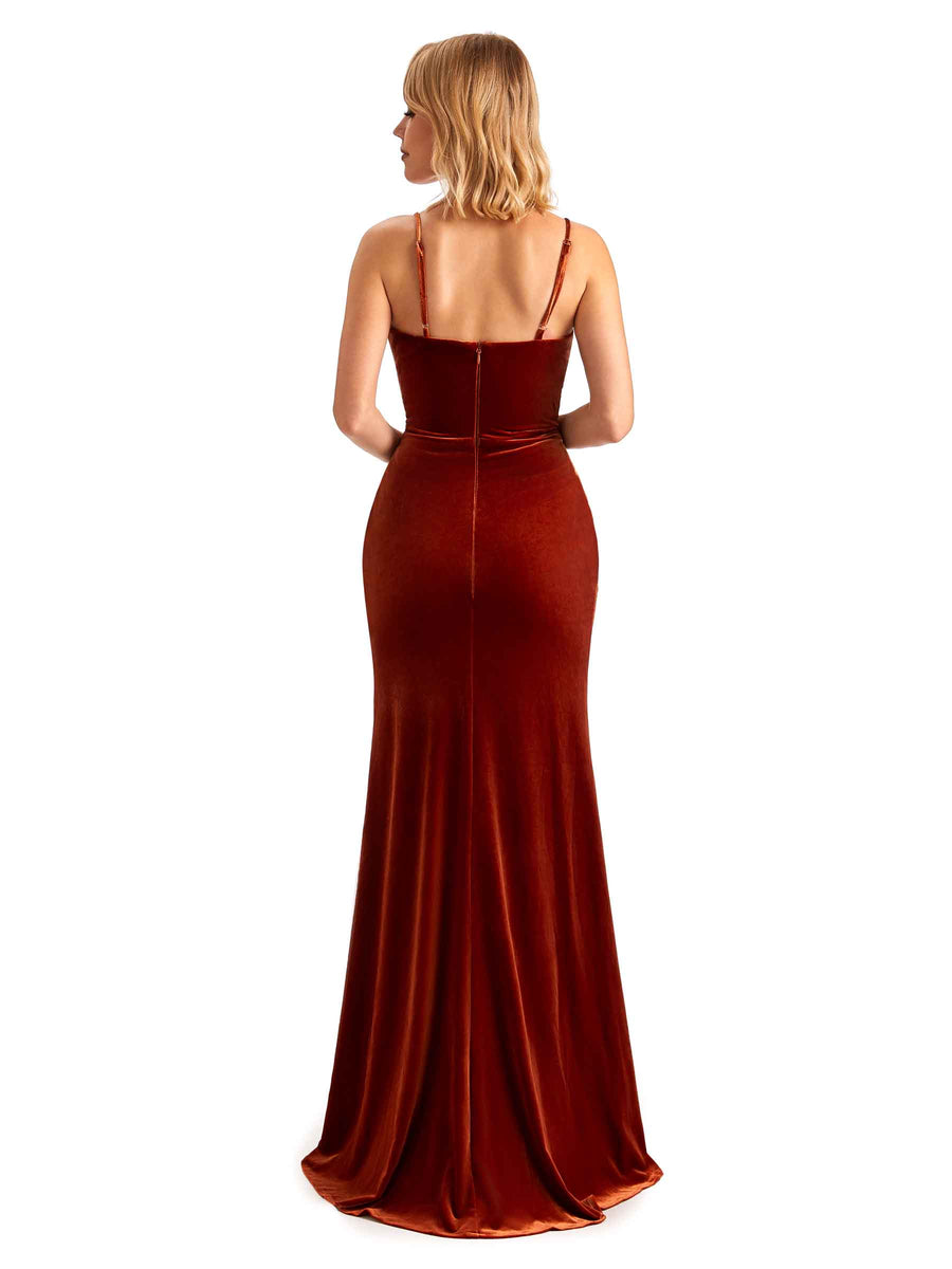 Elegant Mermaid Spaghetti Straps Side Slit Velvet Long Bridesmaid Dresses