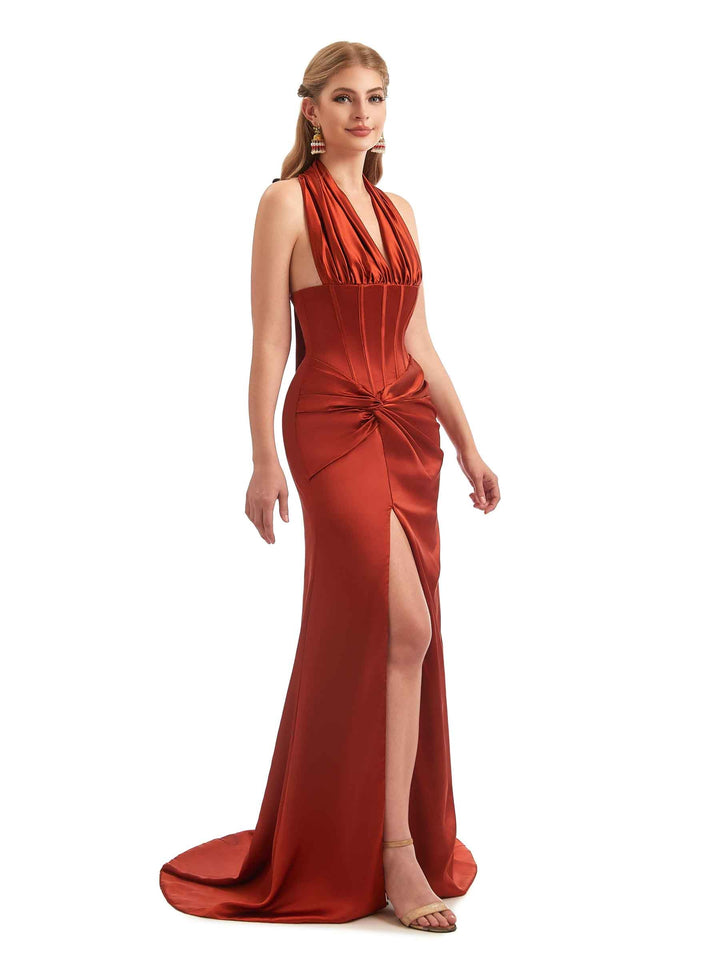 Boho Summer Satin Silky Halter Bridesmaid Dresses