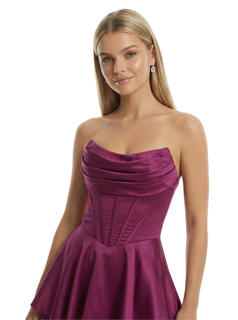 Sexy Strapless Sweetheart Ruched Boning Side Slit A-Line Satin Maxi Prom Dress