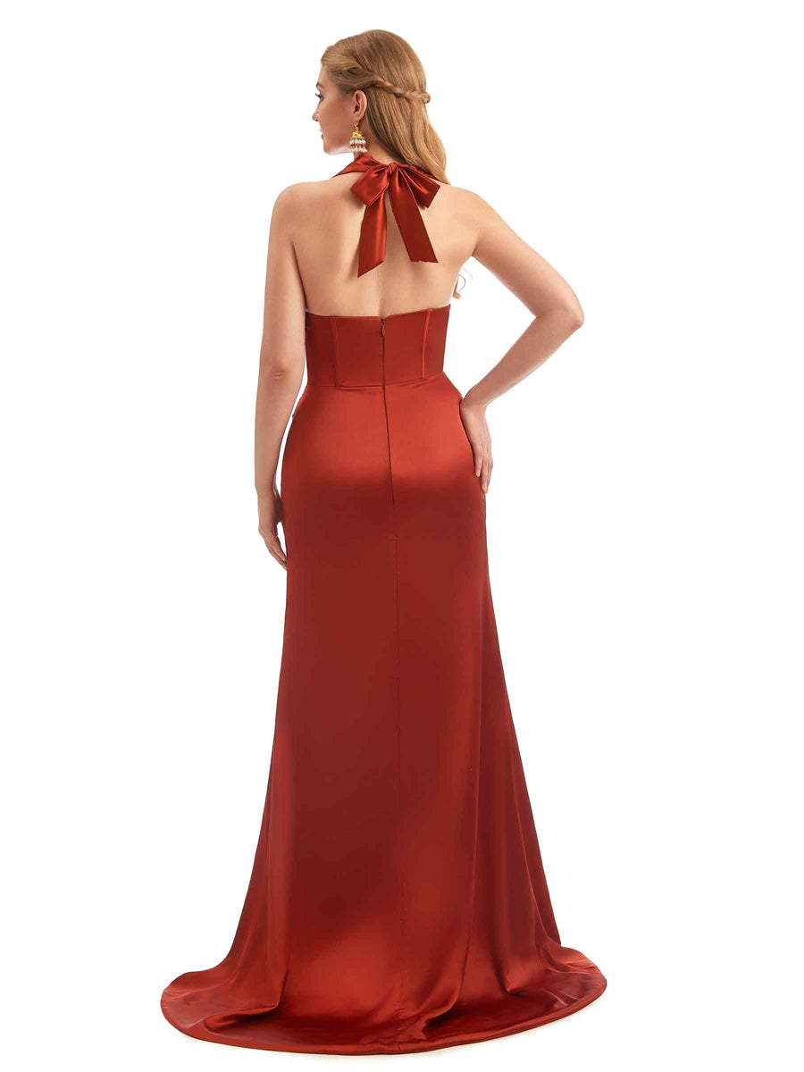 Stunning Satin Halter Corset Slit Boho Bridesmaid Dresses
