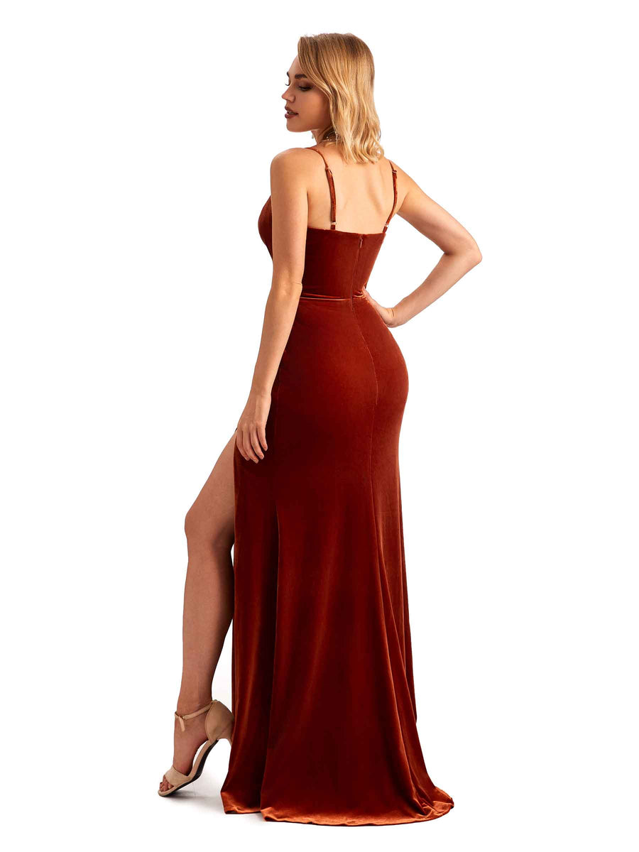 Elegant Mermaid Spaghetti Straps Side Slit Velvet Long Bridesmaid Dresses