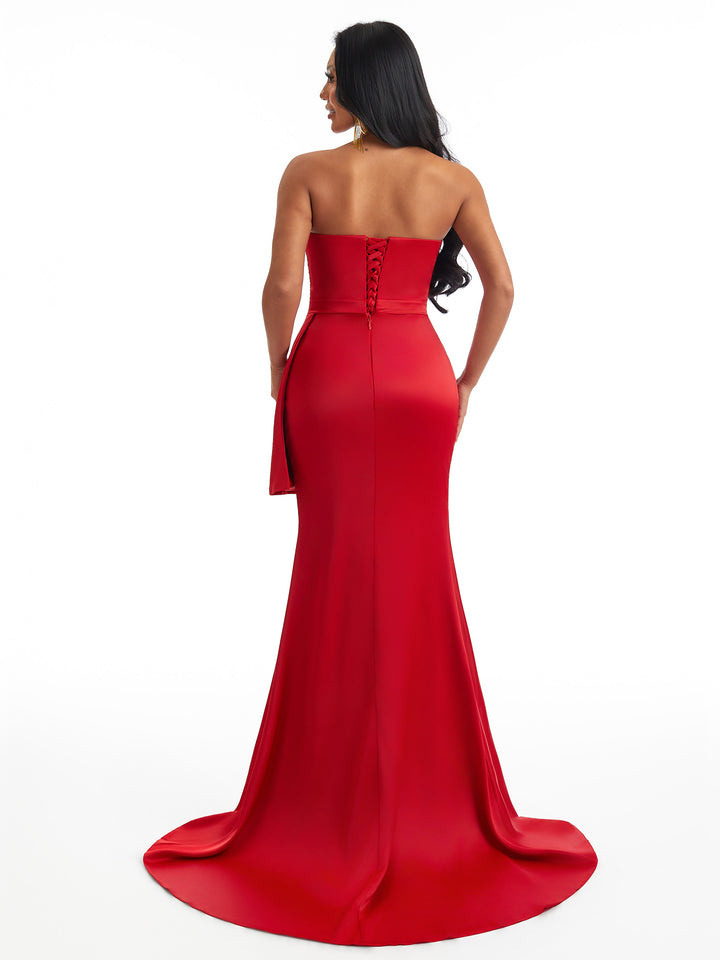 Sexy Strapless Mermaid Side Slit Ruched Soft Satin Long Maid Of Honor Dresses Online
