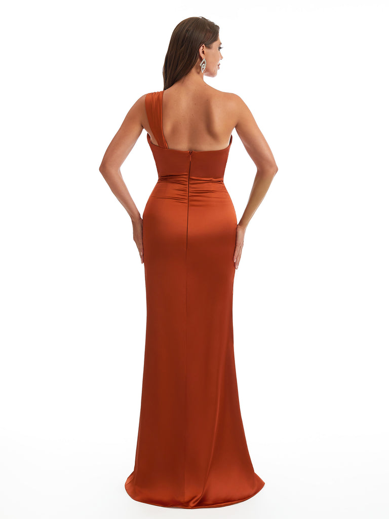 Elegant One Shoulder Mermaid Satin Ruched Unique Long Bridesmaid Dresses