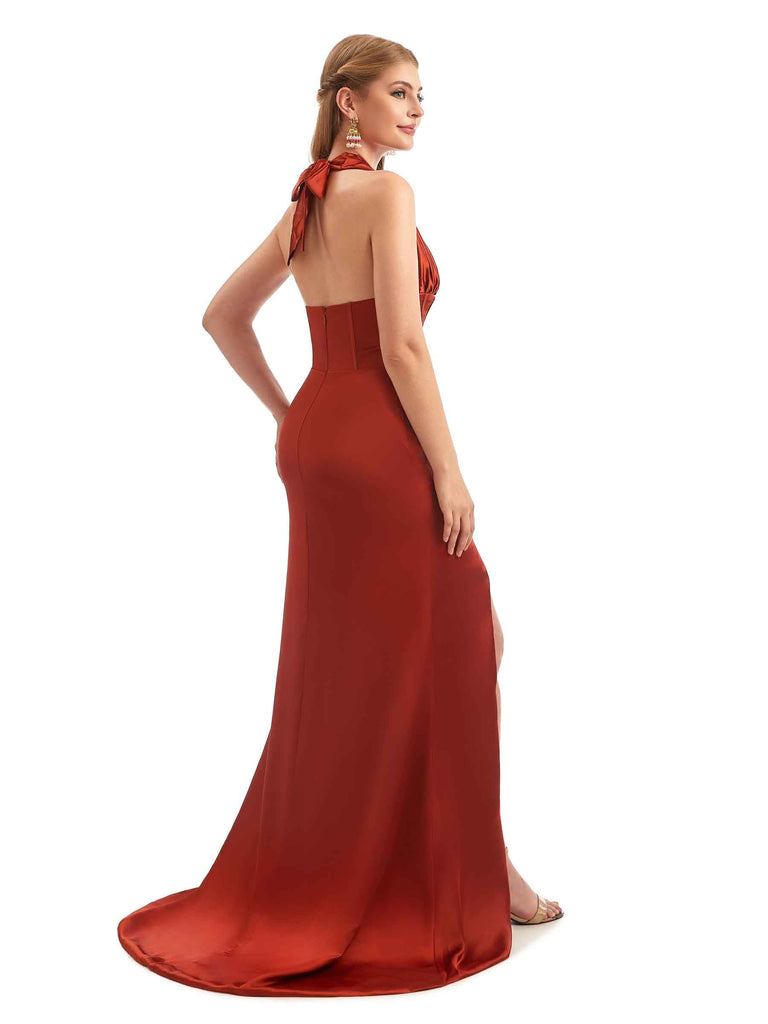 Stunning Satin Halter Corset Slit Boho Bridesmaid Dresses
