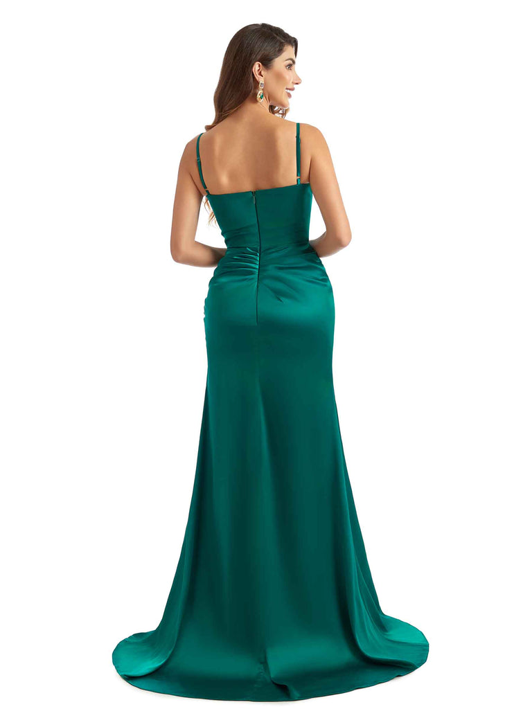 Sexy Spaghetti Straps V-neck Side Split Long Satin Unique Bridesmaid Dresses Online