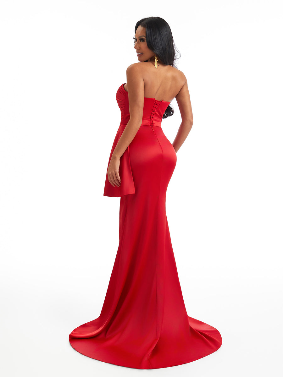 Sexy Strapless Mermaid Side Slit Ruched Soft Satin Long Maid Of Honor Dresses Online