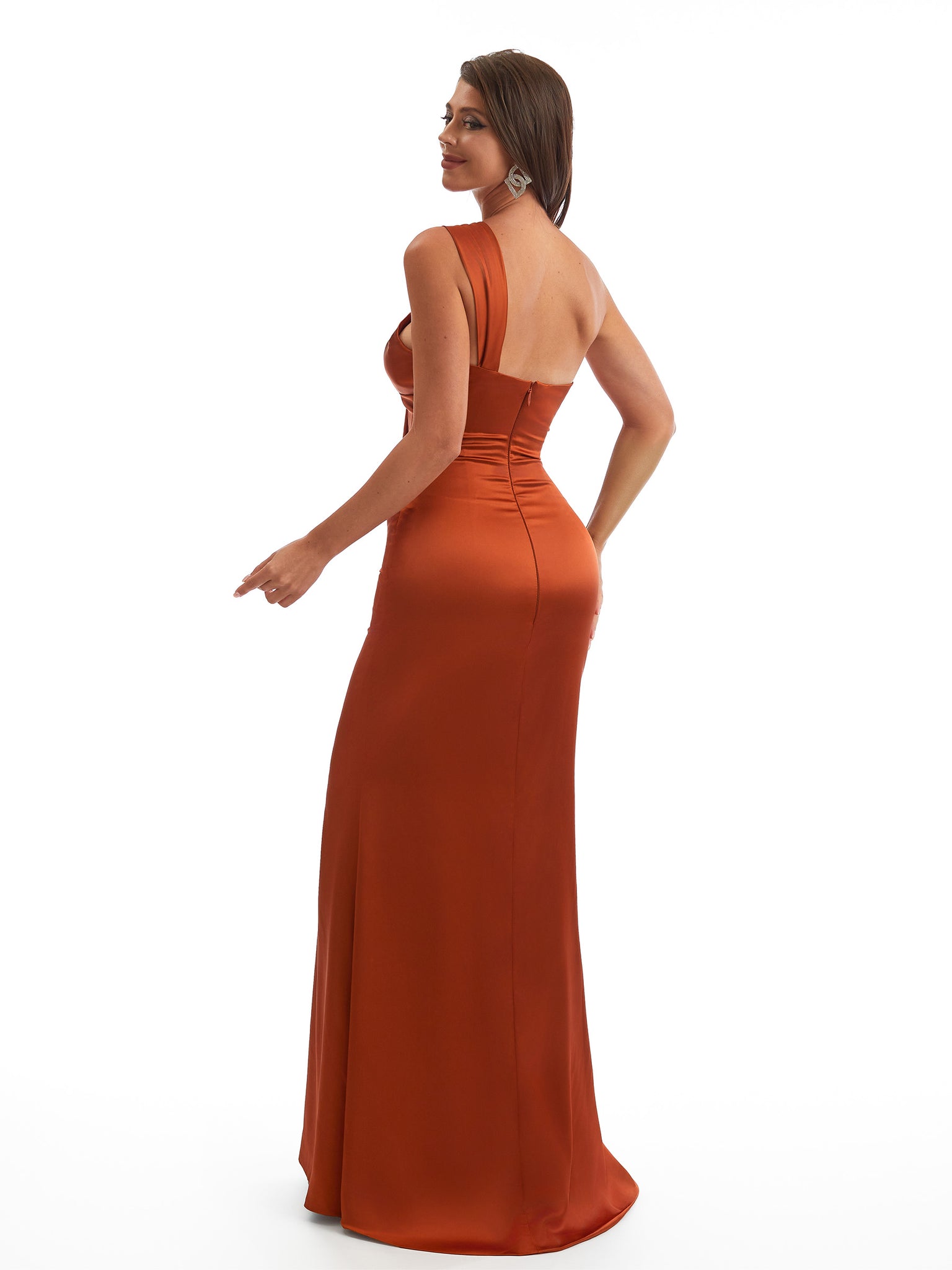 Elegant One Shoulder Mermaid Satin Ruched Unique Long Bridesmaid Dresses