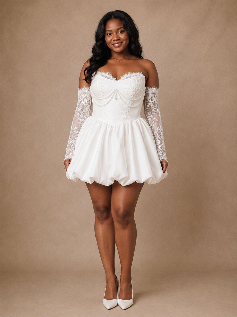 ChicSew Fancy Strapless A-Line Mini-Length Satin Wedding Dress With Lace Appliques