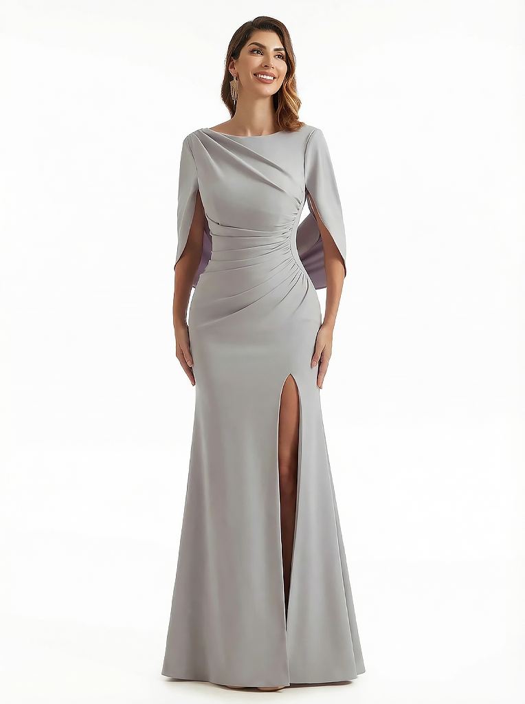 Sexy Side Split Cape Sleeves Stretch Crepe Mermaid Maxi Evening Gowns For Women