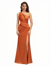 Sexy Mermaid One Shoulder Side Slit Silky Satin Long Evening Dresses For Wedding