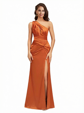 Sexy Mermaid One Shoulder Side Slit Silky Satin Long Evening Dresses For Wedding